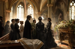 Cette image illustre l'organisation d'une cérémonie funéraire dans une église gothique, où des participants en tenues du XIXe siècle se recueillent autour d'un cercueil décoré, dans une atmosphère empreinte de respect et de dignité.