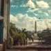 Vue à travers une fenêtre délabrée, le Monument aux Héros se détache sous un ciel azur, entouré de la verdure tropicale de La Havane, évoquant un dialogue silencieux entre l'histoire tumultueuse de Cuba et ses idéaux immortels.