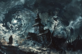 Une représentation artistique inspirée par 'La Nuit du Chasseur', montrant une église et un paysage nocturne tourmentés par des vents violents sous une lune pleine, avec une figure solitaire en observateur