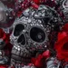 Un crâne décoré de multiples bijoux et pierres précieuses est placé au centre, entouré de roses rouges et grises, illustrant la création de bijoux dans un contexte artistique et symbolique.