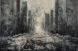 Image artistique en noir et blanc représentant un chemin bordé de hautes colonnes de béton, symbolisant le Mémorial de l'Holocauste à Berlin. Le sol est irrégulier et craquelé, conduisant à une lumière lointaine, évoquant un parcours de mémoire et de contemplation