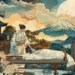 Une Nokanshi en kimono traditionnel prépare un corps pour la crémation au pied du mont Fuji dans un paysage japonais pittoresque, avec des éléments de nature comme des cerisiers en fleurs et des cascades, illustrant la solennité et la dignité des rituels funéraires japonais.