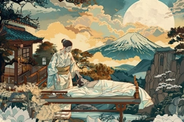 Une Nokanshi en kimono traditionnel prépare un corps pour la crémation au pied du mont Fuji dans un paysage japonais pittoresque, avec des éléments de nature comme des cerisiers en fleurs et des cascades, illustrant la solennité et la dignité des rituels funéraires japonais.
