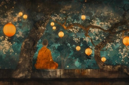 Un moine bouddhiste en robe orange de Kasyapa médite paisiblement sous un cerisier en fleurs illuminé par des lanternes suspendues, dans un environnement nocturne mystique aux teintes de bleu et vert
