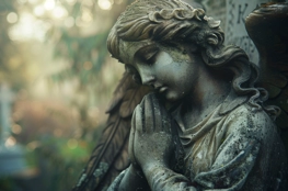 Statue d'ange en prière, enveloppée de mousse, évoquant une ambiance de recueillement et de sérénité au Cimetière de Highgate, avec des tombes en arrière-plan dans une lumière douce et diffuse