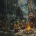 Scène représentant un rituel de réduction de têtes par les Jivaros dans la jungle amazonienne, avec un shaman au centre, entouré de membres de la tribu autour d'un feu, dans un cadre dense et verdoyant
