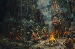 Scène représentant un rituel de réduction de têtes par les Jivaros dans la jungle amazonienne, avec un shaman au centre, entouré de membres de la tribu autour d'un feu, dans un cadre dense et verdoyant