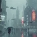 Une scène urbaine pluvieuse et futuriste rappelant "Blade Runner", avec des gratte-ciel illuminés par des néons, des piétons utilisant des parapluies et des véhicules volants, capturant visuellement L'impact de Blade Runner sur la conception d'univers en science-fiction.