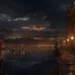 Vue nocturne du Château de Versailles par une nuit pluvieuse, avec les façades éclairées par des lanternes se reflétant sur l'eau, évoquant la splendeur de l'époque où le corbillard royal parcourait ces lieux lors des funérailles royales.