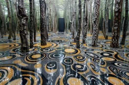 Image artistique montrant une forêt de troncs d'arbres réels émergeant d'un sol aux motifs concentriques noir, blanc, or et gris, reflétant l'innovation funéraire aux États-Unis à travers une fusion visuelle de la nature et du design moderne.