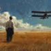 La Mort aux trousses : Un homme de dos, vêtu de bretelles, se trouve dans un vaste champ doré sous un ciel bleu avec un biplan noir approchant, illustrant une scène de tension extrême du film "La Mort aux trousses" d'Alfred Hitchcock.