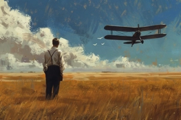 La Mort aux trousses : Un homme de dos, vêtu de bretelles, se trouve dans un vaste champ doré sous un ciel bleu avec un biplan noir approchant, illustrant une scène de tension extrême du film "La Mort aux trousses" d'Alfred Hitchcock.