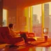 Her : Un homme assis dans un salon moderne et lumineux, regardant un écran, symbolisant la connexion numérique et la solitude urbaine dans un cadre chaleureux et contemporain.