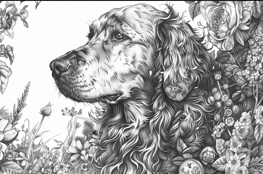 Illustration en noir et blanc d'un chien entouré de fleurs luxuriantes, capturant la sérénité et la dignité d'un compagnon bien-aimé, idéale pour commémorer son animal de compagnie.
