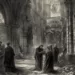 Une scène sombre dans une cathédrale gothique en ruine où des personnages médiévaux, dont des chevaliers et des pèlerins, se regroupent autour des reliques de Jeanne d'Arc, parmi des débris et des vestiges d'une époque révolue.