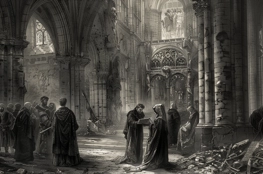Une scène sombre dans une cathédrale gothique en ruine où des personnages médiévaux, dont des chevaliers et des pèlerins, se regroupent autour des reliques de Jeanne d'Arc, parmi des débris et des vestiges d'une époque révolue.