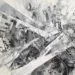 Une œuvre d'art en noir et blanc représentant une vue aérienne abstraite de structures urbaines en spirale et déformées, évoquant les thèmes de distorsion de la réalité et de complexité architecturale du film Inception