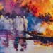 Une peinture vibrante dépeignant des rites funéraires en Inde sur une rivière, avec des gens en blanc et jaune transportant des silhouettes à gauche et trois personnes en blanc sur un bateau fleuri observant le fleuve, sur un fond de coucher de soleil coloré