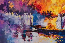 Une peinture vibrante dépeignant des rites funéraires en Inde sur une rivière, avec des gens en blanc et jaune transportant des silhouettes à gauche et trois personnes en blanc sur un bateau fleuri observant le fleuve, sur un fond de coucher de soleil coloré