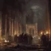 Une illustration sombre montre la violation des caveaux des rois dans la basilique Saint-Denis. Des révolutionnaires, éclairés par des torches, sont en train de profaner les tombes royales, dans une scène chaotique et intense.