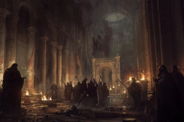 Une illustration sombre montre la violation des caveaux des rois dans la basilique Saint-Denis. Des révolutionnaires, éclairés par des torches, sont en train de profaner les tombes royales, dans une scène chaotique et intense.