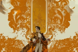 Une illustration opulente inspirée par le film Amadeus, montrant un personnage dans le style de Mozart assis parmi des motifs dorés extravagants, incarnant le luxe et le génie musical de l'époque baroque.