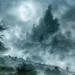 Image d'une Banshee flottant dans une lande brumeuse sous une pleine lune, avec des ruines gothiques en arrière-plan, incarnant le mystère et la mélancolie de la mythologie celtique