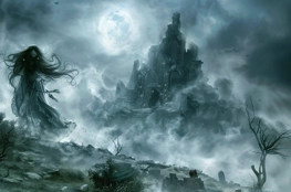 Image d'une Banshee flottant dans une lande brumeuse sous une pleine lune, avec des ruines gothiques en arrière-plan, incarnant le mystère et la mélancolie de la mythologie celtique