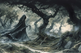 Une représentation artistique d'Ankou, le légendaire gardien des âmes dans la mythologie bretonne, errant dans une forêt sombre et mystérieuse. Les arbres tortueux et la brume épaisse créent une ambiance surnaturelle, tandis que la figure centrale de l'Ankou est drapée dans un long manteau, ses mains squelettiques tendues devant lui.
