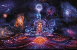 Une représentation artistique d'une figure humaine translucide en méditation, tenant un crâne de cristal illuminé dans un univers rempli de galaxies colorées. Cette image illustre le thème des Crânes de Cristal, symbolisant la connexion mystique entre l'esprit humain et les énergies cosmiques