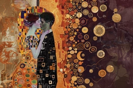 Image d'un couple enveloppé dans une étreinte, vêtu de tenues richement décorées sur un fond abstrait de couleurs chaudes et de formes organiques. L'ensemble illustre la thématique de La Mort et le Sens de la Vie, explorant l'interconnexion entre les relations humaines et la finitude existentielle.