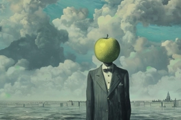 Image surréaliste montrant un homme en costume avec une pomme verte en guise de tête, se tenant devant un paysage urbain flottant sur l'eau, illustrant les thèmes de l'existentialisme et de la mortalité