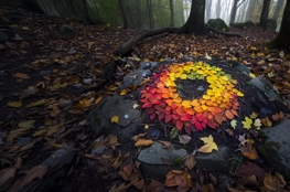 Cette œuvre d'art naturel composée de feuilles d'automne formant un cercle symbolise l'impermanence, un concept central dans le bouddhisme et la méditation. Située dans une forêt brumeuse, elle invite à la contemplation et à la réflexion sur le cycle de la vie.