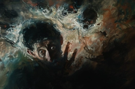 Un homme aux yeux écarquillés exprime une peur profonde alors qu'il semble entouré d'entités mystérieuses et effrayantes dans un environnement sombre et chaotique. Cette scène illustre l'expérience viscérale de la peur de la mort, où les formes indistinctes autour de lui représentent les forces de l'inconnu et de l'anéantissement.