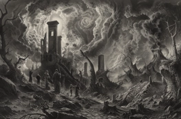Cette illustration symbolise parfaitement La Mort dans les Traditions Orales, où les âmes des défunts cheminent à travers des paysages mythiques et où les récits ancestraux servent à perpétuer la mémoire des êtres disparus. Les figures fantomatiques et les ruines, avec leur ciel dramatique, représentent la manière dont les cultures anciennes conceptualisent la transition entre la vie et l'au-delà, tout en préservant les récits des ancêtres à travers des légendes et des mythes oraux.