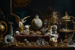 Cette peinture Vanitas illustre des symboles classiques de la mortalité et de la futilité humaine, tels qu'un crâne, un sablier et des objets de luxe, rappelant que toutes les richesses matérielles sont vaines face à la mort inévitable.