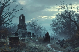 Cette image montre un cimetière célèbre, plongé dans une atmosphère sombre et inquiétante, avec un chemin sinueux menant à un mausolée entouré de tombes anciennes. Un personnage solitaire en cape noire marche parmi les pierres tombales, sous un ciel gris et menaçant.