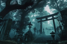 Cette image de cimetières japonais montre une atmosphère sereine et mystique, avec des lanternes de pierre et un torii se dressant parmi les arbres et les tombes couvertes de mousse, sous une lumière diffuse et brumeuse.