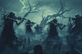 Dans cette représentation de la Danse Macabre, des squelettes vêtus de haillons jouent du violon dans un cimetière, sous un ciel orageux, évoquant l'inéluctabilité de la mort et son caractère omniprésent.