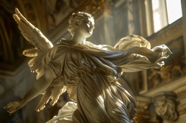 Une magnifique sculpture d'ange en marbre, représentant l'esthétique funéraire, est éclairée par la lumière naturelle dans une église somptueusement décorée, mettant en valeur la spiritualité et la beauté intemporelle de l'art funéraire.