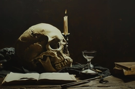 Cette image illustre le thème du memento mori dans la peinture de la Renaissance, avec un crâne humain, une bougie fondue, et un sablier, évoquant la mortalité humaine et la brièveté de l'existence.