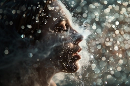 Un visage féminin baigné dans une lumière douce, entouré de brume et de particules scintillantes. L'image évoque la notion de Mort et Mémoire, représentant un moment suspendu entre la vie et le souvenir, entre le présent tangible et l'immatériel du passé.