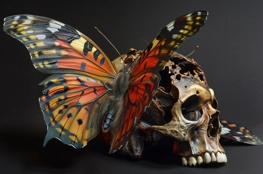 Cette image représente un crâne humain partiellement désintégré avec un papillon aux ailes orange et noires, un puissant symbole de transformation dans l'art contemporain, mettant en lumière les thèmes de la mortalité et de la renaissance. Une interprétation visuelle fréquente dans les œuvres où les crânes dans l'art contemporain dialoguent avec la beauté et la fragilité de la vie.