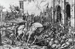 Illustration d'une ville médiévale ravagée par l'impact de la peste noire, où la Mort, représentée par un squelette sur un cheval, incarne la terreur et la désolation, avec des cadavres jonchant les rues et des survivants tentant de fuir.