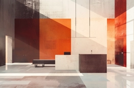 Cet espace de travail au design épuré, avec ses couleurs chaudes et sa lumière naturelle, incarne une approche moderne de la réduction du stress au travail, créant un environnement propice à la détente et à la concentration.