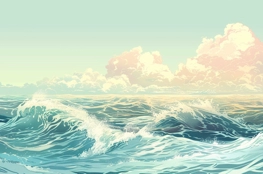 Illustration de vagues paisibles sous un ciel clair, une scène qui évoque la tranquillité et l'harmonie, parfaite pour accompagner les techniques de respiration pour la pleine conscience.
