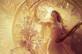 Dans cette illustration onirique intitulée La Mort et la Musique, une femme céleste joue une lyre entourée de motifs floraux délicats et de lumière dorée, représentant la douceur et la spiritualité de la musique face à la mort.
