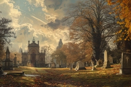L'image montre un jardin funéraire en Angleterre, où les monuments funéraires victoriens se fondent dans un paysage automnal, entourés d'arbres aux couleurs chaleureuses et de tombes dispersées.