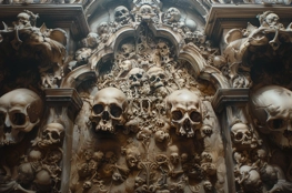 Une vue rapprochée de la décoration intérieure de la Capela dos Ossos, où des crânes humains sont arrangés en motifs symétriques dans une architecture riche en détails macabres.