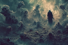 Un homme solitaire traverse un champ de crânes et de créatures cauchemardesques dans une scène sombre et brumeuse, symbolisant l’univers surréaliste et funèbre du film Dellamorte Dellamore.